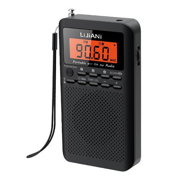 小型携帯ラジオFM/AM/SW AA電池2本使用 夜間でも使えるバックライト付きボタン デジタル時計 目覚まし時計 スリープタイマー機能最適受信 最適音質ポータブルラジオ 歩行 ランニングに適している