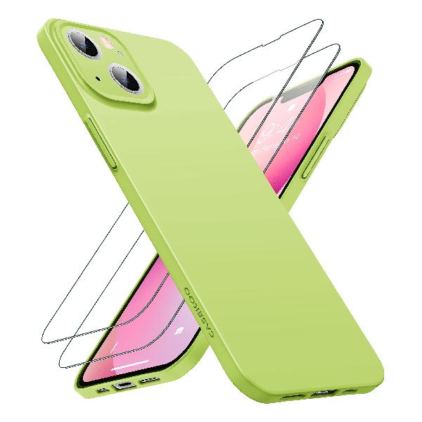 CASEKOO iPhone 13 用 ケース ガラスフィルム付属 指紋防止 薄型 軽量 さらさら手触り 画面レンズ保護 ハードケース あいふぉん13 薄い カバー（黄緑）