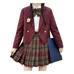 [D.IIZOO] スクールブレザー 女子 制服 ブレザー 学生服 プリーツスカート チェック柄 5点セット JK コスチューム 卒業式スーツ 大きいサイズ イベント 仮装 DD736 (S レッド)