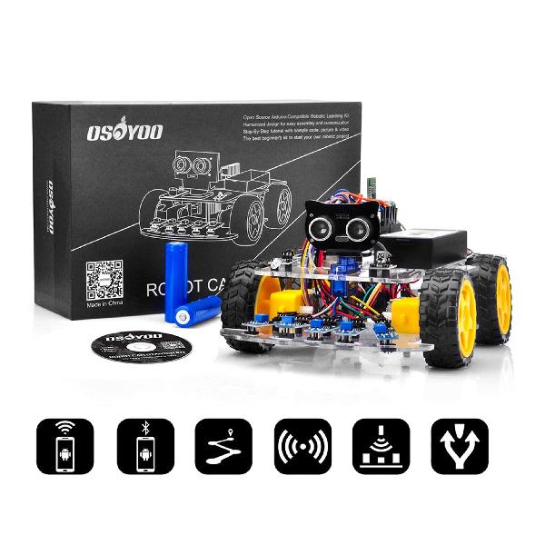 OSOYOO Arduino用 UNO 多機能 教育 ロボット カー | STEM リモコン App 4WD構築、プログラミング、学習 のための 教育用 電動 ロボティクス コーディング 方法 | スターターキット 電子工作 | 電池付