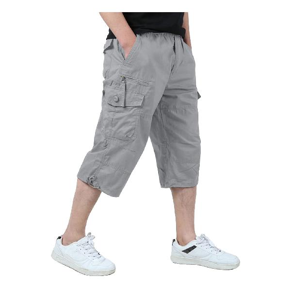 KEFITEVD カーゴパンツ メンズ 夏用 ハーフパンツ 7分丈パンツ 大きいサイズ クロップドパンツ 作業着 半ズボン ライトグレー 2XL