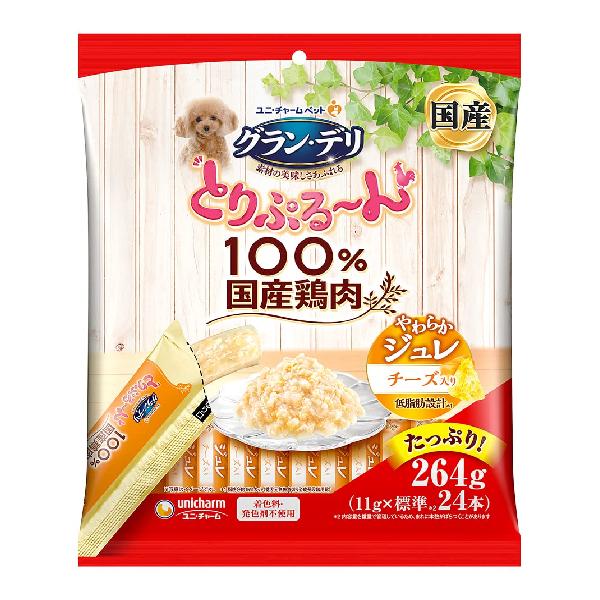 グランデリ 犬用 おやつ とりぷる~ん ジュレ チーズ 11g×24本(標準) 国産 ドッグフード ユニチャーム【ブランド】グランデリ【MPN】4.52E+12【indications】必要な栄養素は生物によって異なりますので、犬以外には与えないでください。 生後3ヶ月未満の幼犬には与えないでください。 まれに体調【item_type_name】犬用おやつ【contains_liquid_contents】false【item_form】ウェット【batteries_required】false【manufacturer】ユニチャーム【flavor】チキン【number_of_boxes】1.0【number_of_items】1.0【model_name】グランデリ 犬用 おやつ とりぷる~ん ジュレ チーズ 11g×24本(標準) 国産 ドッグフード ユニチャーム【age_range_description】アダルト【directions】【1日の食事量の目安】 体重5kg以下:~6本 体重5~10kg:~11本 体重10~20kg:~18本 体重20~40kg:~3【target_species】イヌ【fc_shelf_life】720.0【storage_instructions】直射日光を避け、常温で保管してください。 開封後は早めに与えてください。【breed_recommendation】全品種【ingredients】【原材料】 肉類(鶏胸肉、ささみ)、動物性油脂、ナチュラルチーズ、寒天、調味料、増粘多糖類、乳酸カルシウム 【保証成分】 タンパク【specific_uses_for_product】犬用おやつ【model_number】4520699678558【product_expiration_type】Expiration Date Required【is_expiration_dated_product】true【unit_count】1.0【allergen_information】wheat_may_contain