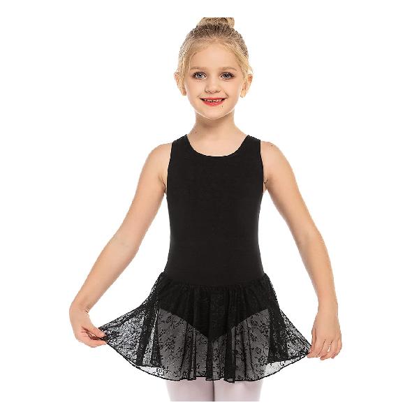 Arshiner バレエレオタード子供 レーススカート付き 袖無し バッククロス 女の子 バレエ服 練習着 演出服 舞台用 ブラック 120cm