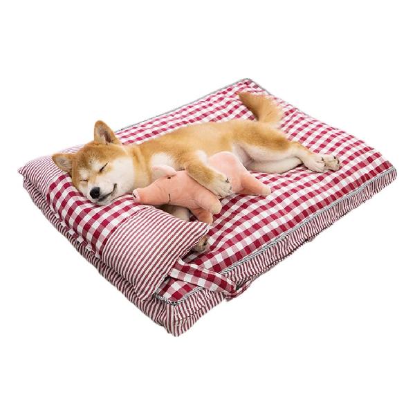 Bidason ベッド ペット クッション 猫 枕 セット チェック柄 スクエア 可愛い 綿麻風 通気 滑り止め 取り外し可能 洗える 小型 中型 キャット 犬 兼用 マット オールシーズン