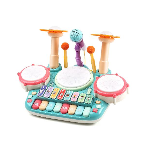 Cute Stone おもちゃ 5in1楽器玩具 音楽おもちゃ ドラムおもちゃ 4種類ピアノ キーボード 木琴 マイク付き 多機能 音楽 ライト 太鼓 鍵盤楽器 早期開発 知育玩具 誕生日 クリスマスプレゼント