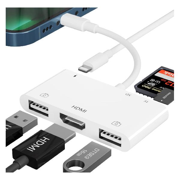 i-Phone HDMI 変換アダプタ lightn-ing USB 変換 アダプタ i-Phone / i-Pad USBカメラアダプタ デュアル USB OTG 変換ケーブル ライト-ニング SD変換 アダプタ 写真とビデオ 双方向 高速転送 設定不