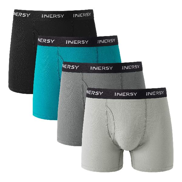「インナイス」ボクサーパンツ メンズ 前開き 下着 セット 男性用 肌着 メッシュ 通気吸汗 4枚組 M-2XL(ブラック＋ダークグレイ＋グレイ+青緑、XL)