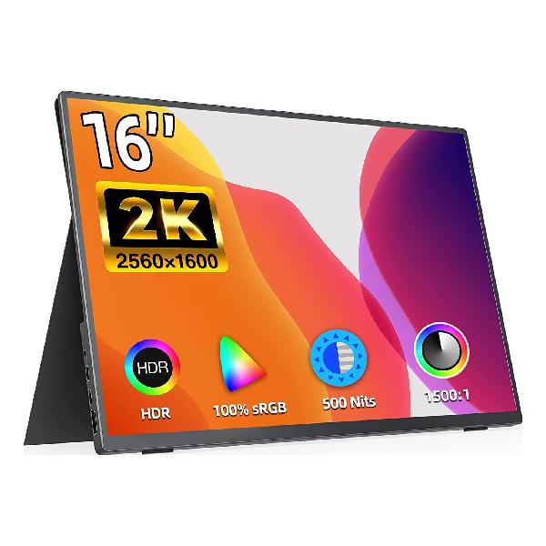 モバイルモニター kksmart 16インチ 超薄型 軽量 狭額縁 高輝度500nits sRGB100%広色域 2K解像度（2560x1600） 画像比調整可能 VESA対応 OTG対応 モバイルディスプレイ ゲームモニター HDRモード対応 マグネッ