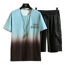 4XL ブルー D.IIZOO ペアルック半袖 ジャージ セットアップ カップル メンズ レディーズ Tシャツ ショートパンツ 上下2点セット 部屋着 夏服 スポーツ グラデーション お洒落 韓国 おしゃれ 大きいサイズ