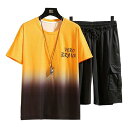 3XL イエロー D.IIZOO ペアルック半袖 ジャージ セットアップ カップル メンズ レディーズ Tシャツ ショートパンツ 上下2点セット 部屋着 夏服 スポーツ グラデーション お洒落 韓国 おしゃれ 大きいサイズ