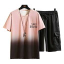 5XL ピンク D.IIZOO ペアルック半袖 ジャージ セットアップ カップル メンズ レディーズ Tシャツ ショートパンツ 上下2点セット 部屋着 夏服 スポーツ グラデーション お洒落 韓国 おしゃれ 大きいサイズ