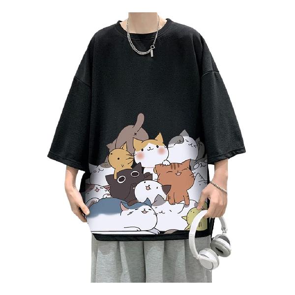 [Anzn] 夏服 Tシャツ メンズ 半袖 トップス 無地 ゆったり 猫ロゴ おもしろシャツ 可愛い 大きい 丸首 かわいい 快適 人気 オシャレ 春 夏-hei-2XL
