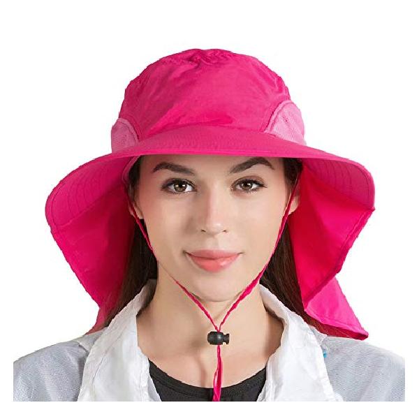 Croogo ガーデニング 帽子 撥水加工 UVカット つば広 ハット 農作業 紫外線対策 ひよけ おしゃれ帽子 フェイスカバー サンバイザー全9色 UVカット帽子 紫外線・熱中症対策(G-XT02-ローズレッド)