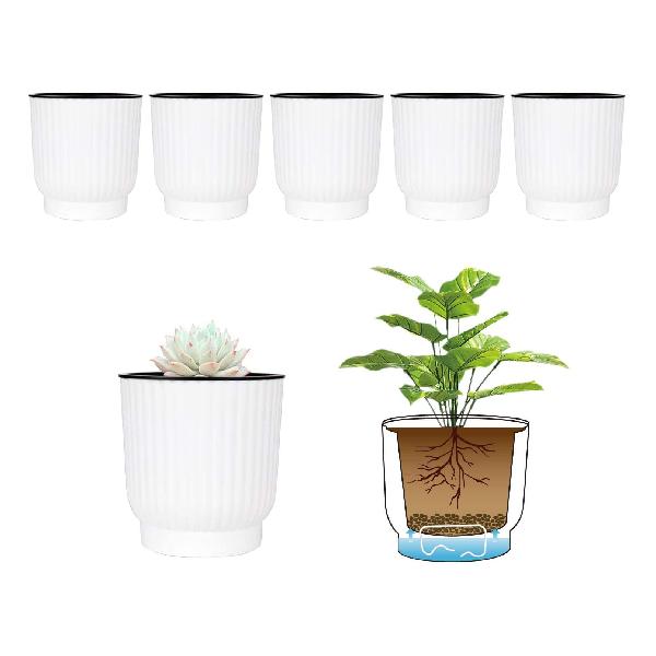 T4U 10CM 給水プランター プラスチック 植木鉢 現代風 観葉植物鉢 ハーブ鉢 花鉢 ホワイト 6点セットインテイア 室内 給水ひも付き