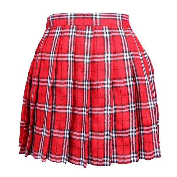 Blostirno プリーツスカート チェック柄 ミニ スクールスカート ハイウェスト ひざ丈 制服 女子高校生 赤+白(JP0061R2-S)