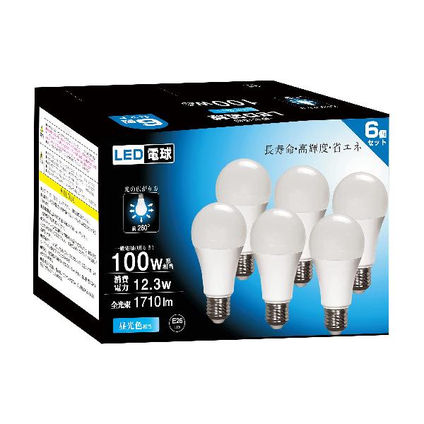 LED電球 口金直径26mm 100W形相当 白色 6000K 1710ルーメン 広配光 密閉器具対応 高輝度 断熱材施工器具対応 省エネ PSE認証済み 6個パック (昼光色)