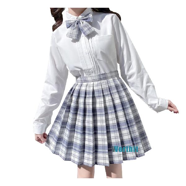 Worthit 女子制服 学生服 チェック柄 プリーツスカート スクールリボン 2点セット JK制服 可愛い 清純 スクールスカート 半袖 長袖 ワイシャツ 形態安定 中学生 高校生 学園祭 文化祭 仮装 夏服 多色 wi281 (3L ネイビー リボ