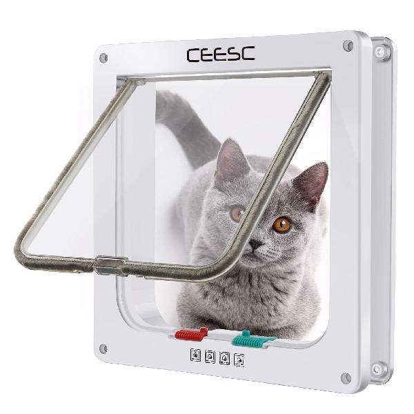 CEESC 4WAY ペットドア 小型 犬 猫 ペット出入り口 ドア 勝手口 扉 冷暖房対策 日本語取扱説明書付き(ホワイト 大)