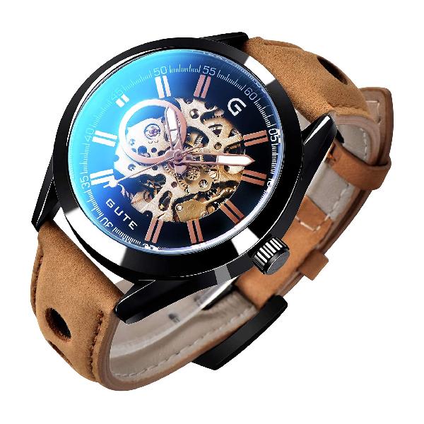 楽天mons Online ShopGuTe出品 腕時計 メンズ 自動巻き スケルトン 革バンド アンティーク ユニーク 格好良い オシャレ ブラック 機械式