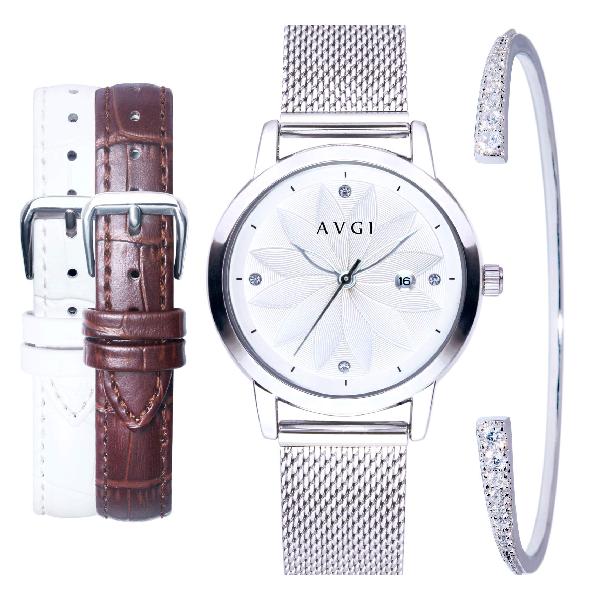 AVGI 腕時計 レディース 日付表示 防水機能 替えバンド付き (シルバー ホワイト＋ブラウン ブレス)