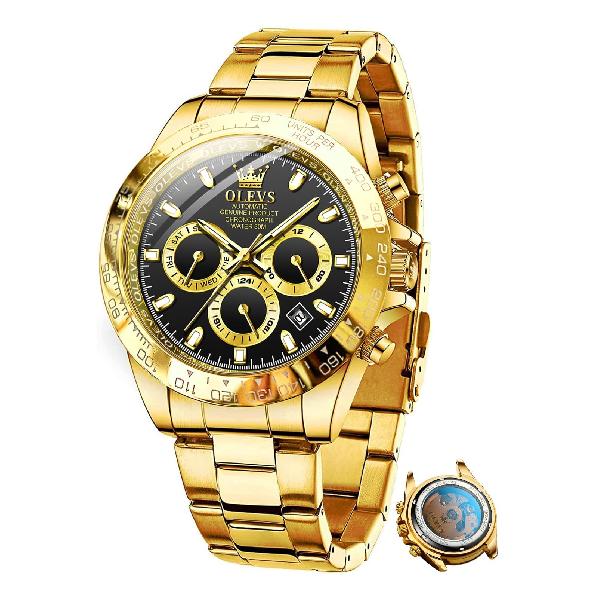 OLEVS 腕時計 メンズ ゴールド 人気 腕時計 自動巻き 金色 ベルト 3気圧防水 夜光 カレンダー 日付 スケルトン ブラック