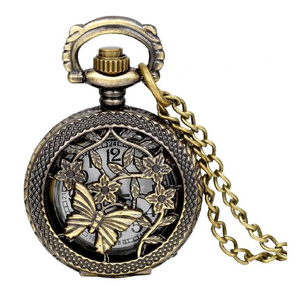 JewelryWe 懐中時計 透かし彫り 風 蔓花 蝶 スケルトン アンティーク ネックレス時計 懐中時計 (シルバー) 誕生日 プレゼント 父の日 ギフト
