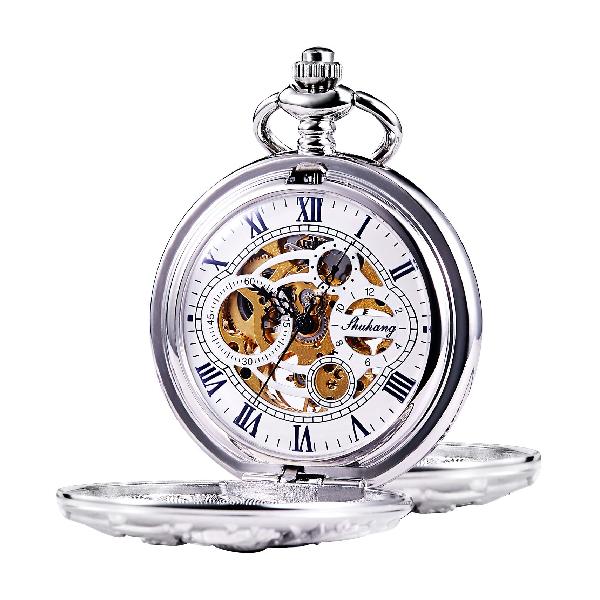 TREEWETO 機械式 手巻き 懐中時計 両面蓋 龍透かし ローマ数字 シルバー スケルトン チェーン 付き