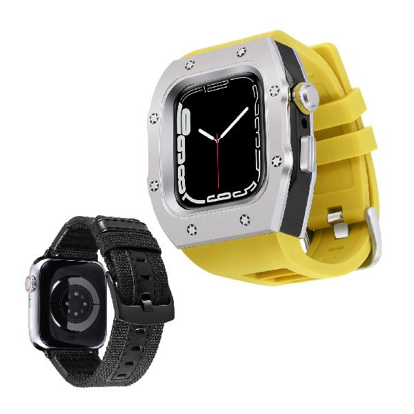 コンパチブル Apple Watch バンド 44mm 2本セット 頑丈なメタルの保護バンパーケース付きシリコン時計ベルトと交換用帆布ストラップセットiWatch ウォッチバンド Series SE2/SE/6/5/4に対応（黄色いバンド-銀いケース） 1