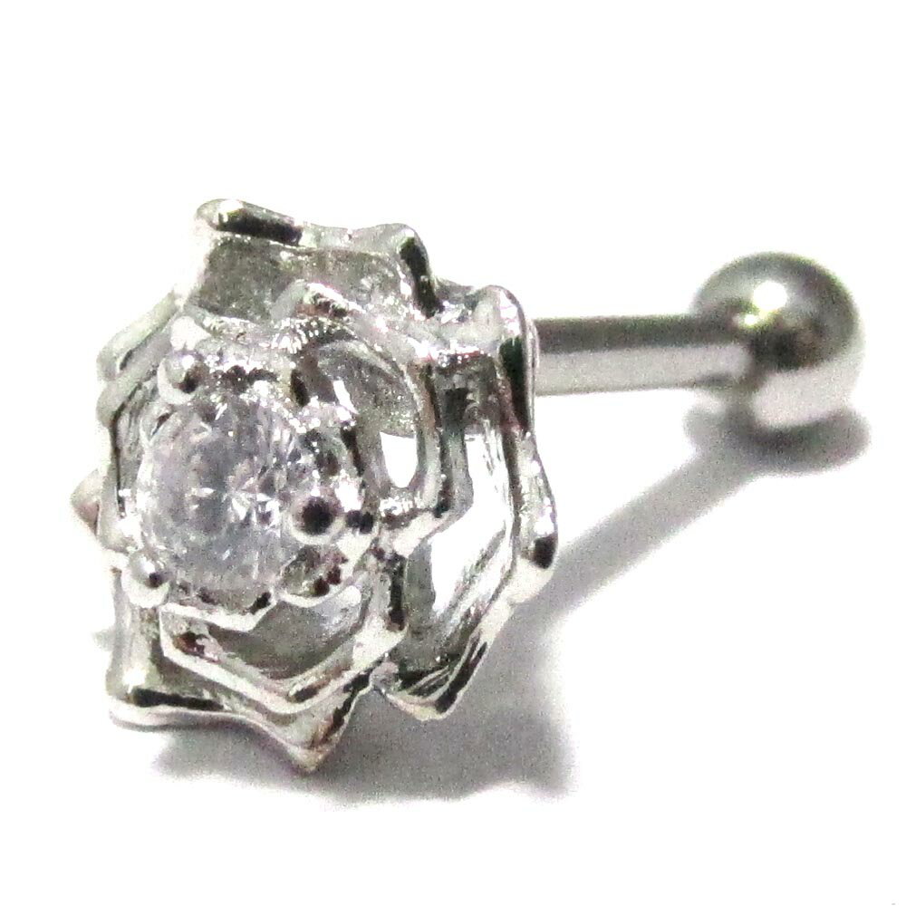 ボディピアス 16G 全2色 1ポイントジュエル ローズ(薔薇)チャームバーベル 約6mm BP-BC196/ ボディーピアス/耳たぶ/イヤロブ/軟骨/トラガス ヘリックス/フラワー/クリアジュエル/シンプル/銀色