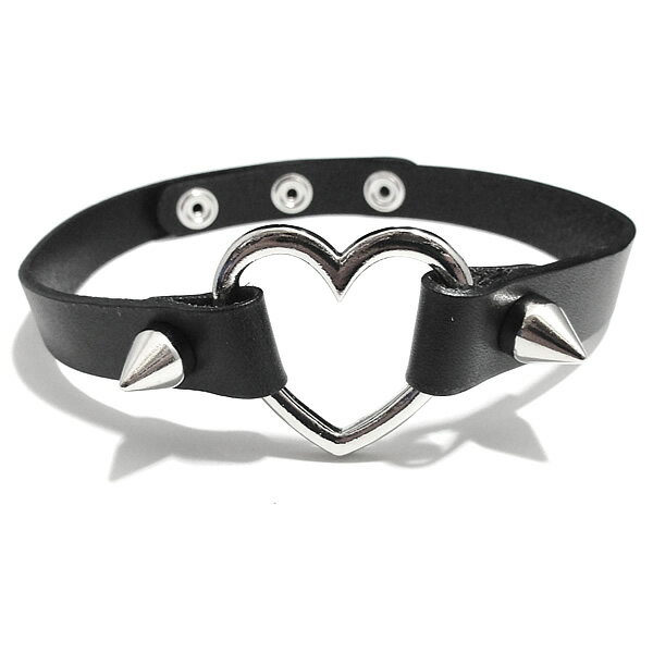 フロントリングレザーゴシックパンクチョーカー 【ハートリング/スパイク・ボタン留め】AC-37■パンク■チョーカー■ネックレス■本皮■本革■リアルレザー■レザー...