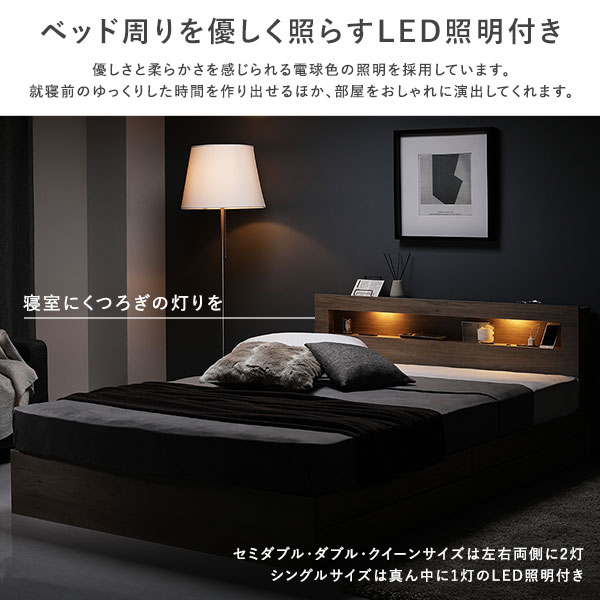 ベッド シングル 2層ポケットコイルマットレス付き ホワイト LED 照明付き 引き出し 収納付き 棚付き 宮付き 宮棚付き 2口 コンセント付き 頑丈構造 収納ベッド 収納付きベッド 収納ベット シングルベッド シングルベット [3]