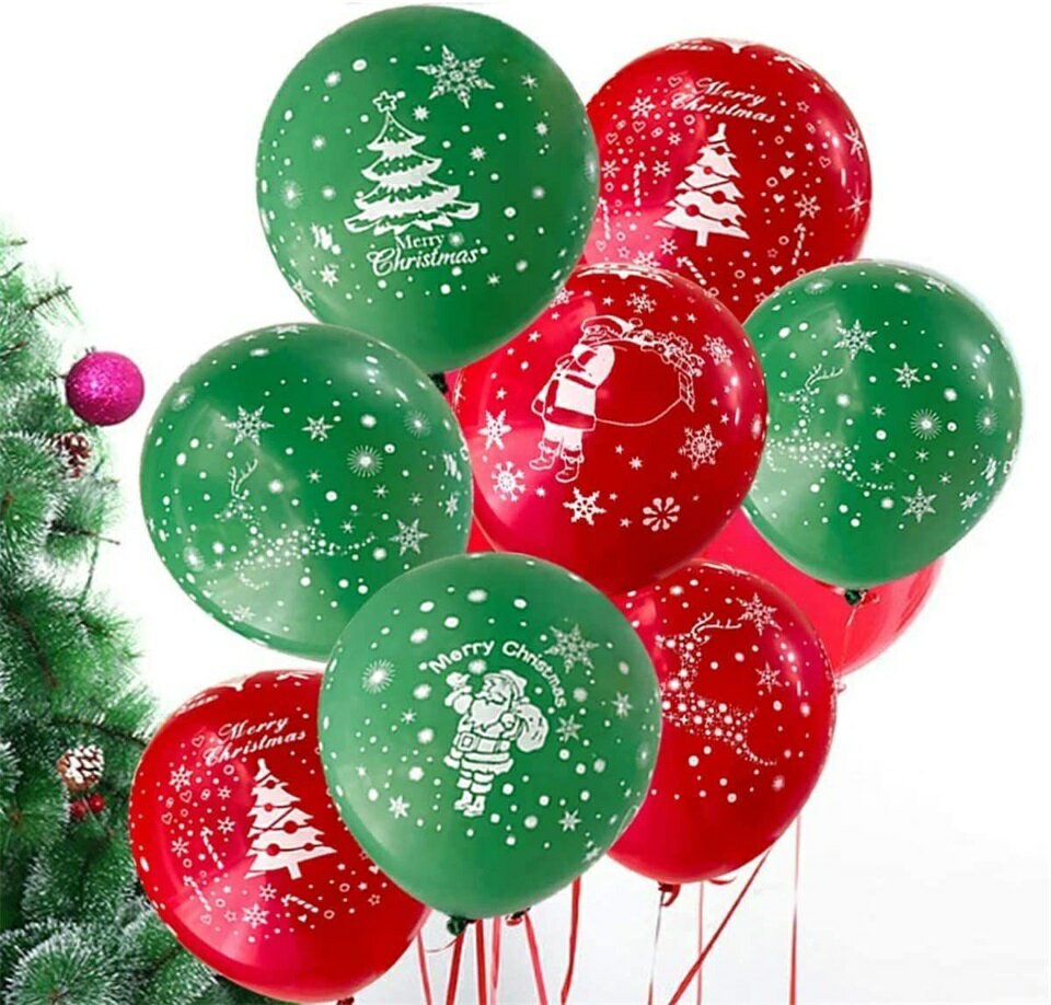 乐天商城 - 100個 クリスマス風船 12インチ ホワイト レッド グリーン クリスマスパーティー飾り クリスマスツリー印刷 クリスマス パーティー 飾り