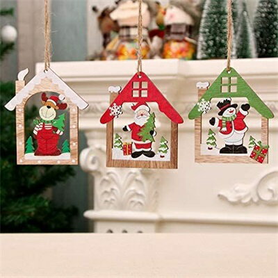 乐天商城 - 6枚入り クリスマス装飾品 サンタさん 鹿 雪だるま 3種類 木製 クリスマスツリー飾り クリスマス 吊り装飾用 ドア装飾品 飾り　10*9cm