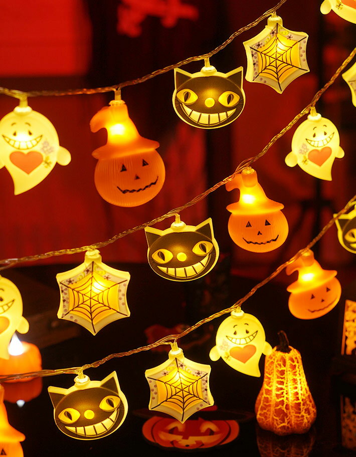 万聖節飾り カボチャライト 飾り 万聖節 Halloween 飾り付け 装飾 置物 屋外 パーティー 万聖節装飾品 カボチャ 猫 魔女 幽霊 蜘蛛 黒猫 ドクロランプ 電飾 怖い雰囲気 USB 室内 1.5m