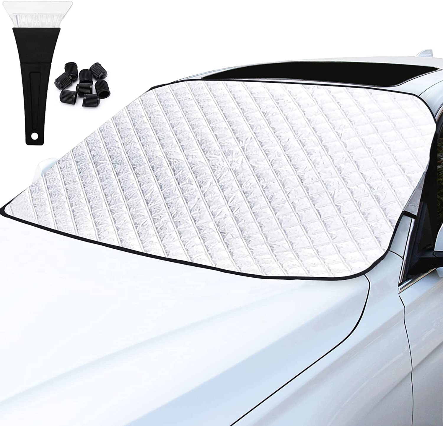 カーフロントカバー 凍結防止 凍結防止シート 雪対策 車サンシェード 防水 車用スノーブラシ付き 日よ..