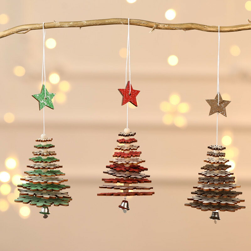 Rakuten - クリスマス ツリー飾り 雪 星 3個セット 11.5*8cm 23g グリーン/レット/ブラウン 木製 糸付き クリスマスツリー装飾品 おしゃれ クリスマス 吊り装飾 雰囲気 パーティー 部屋