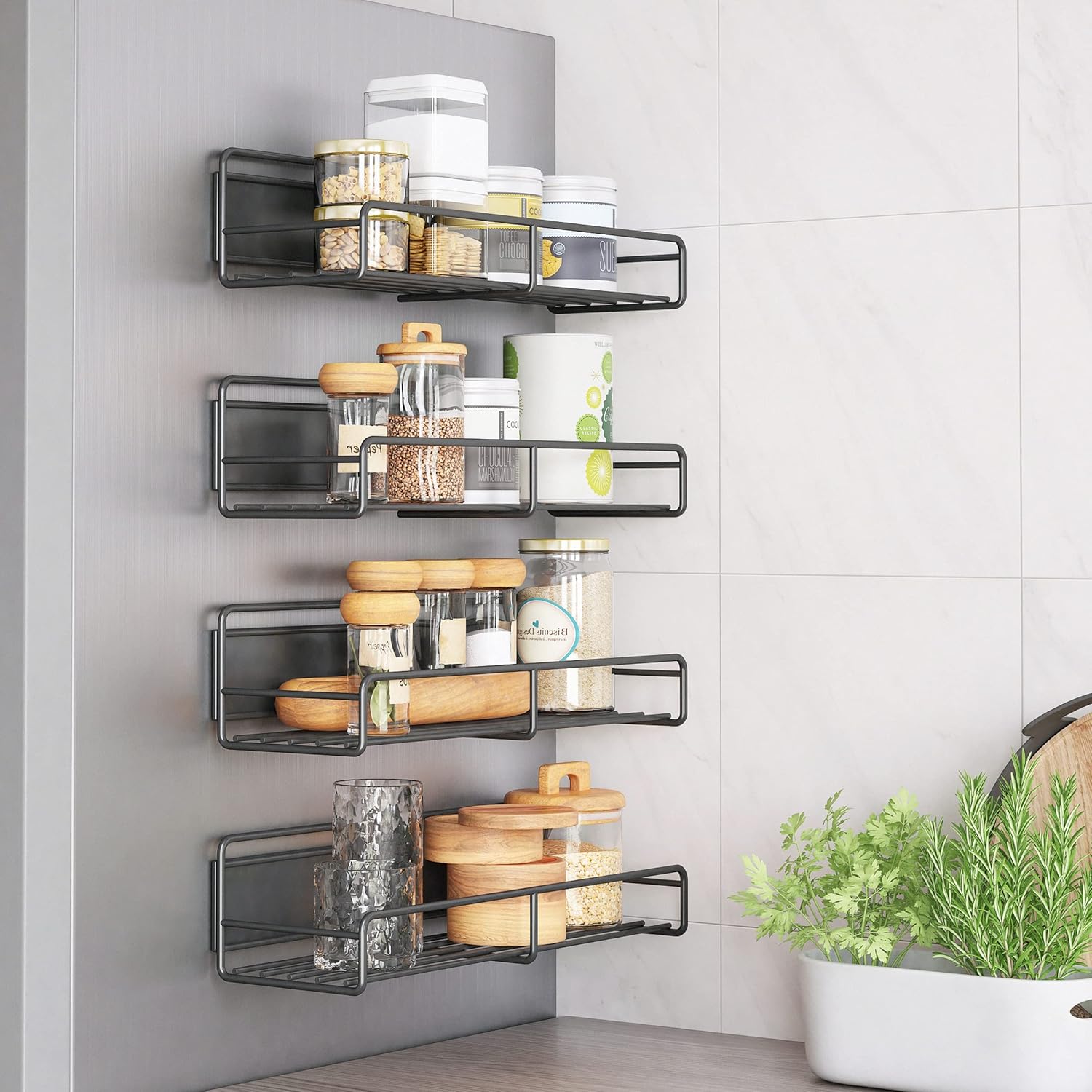 乐天商城 - マグネット スパイスラック 冷蔵庫サイドラック 調味料ラック マグネット S+Lサイズ (ブラック 2点セット)