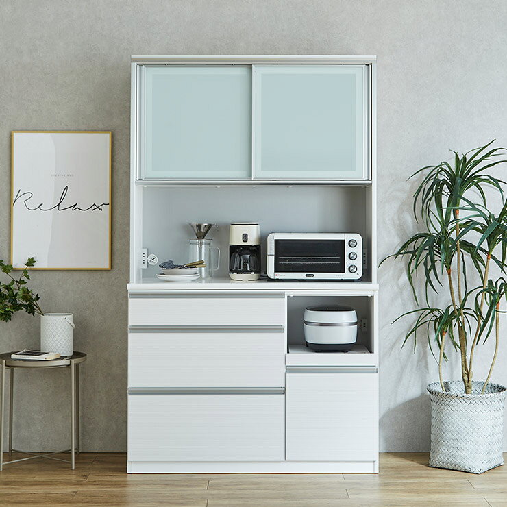 Rakuten - ★10%OFF★ 食器棚 完成品 大川家具 キッチンボード カップボード キッチン収納 ダイニングボード ダイニング シンプル おしゃれ ハイタイプ 引き戸 幅119.4 モイス moiss 収納 耐震 耐熱性 クロノス 120OP 輸入品
