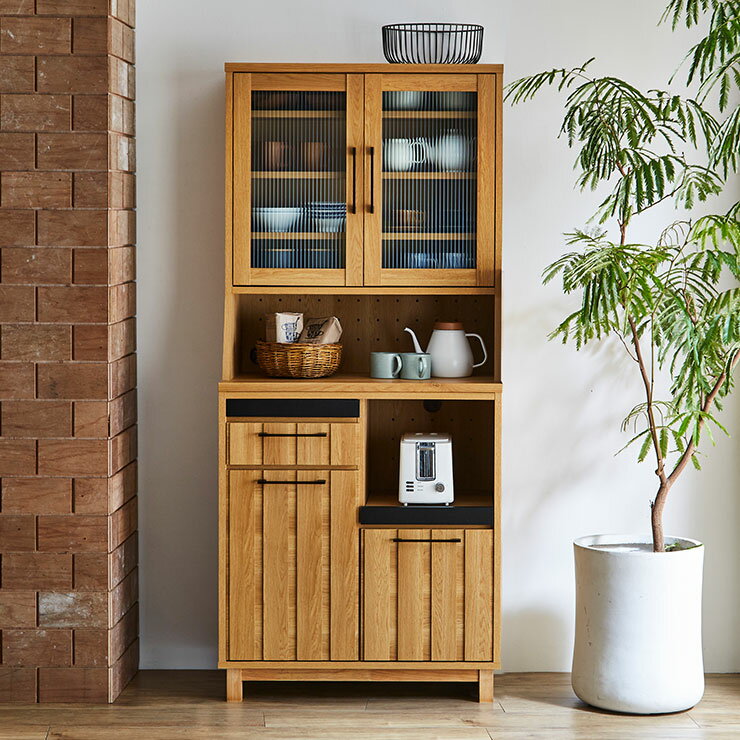 乐天商城 - ★3000円OFFクーポン有★ 食器棚 完成品 大川家具 キッチンボード カップボード キッチン収納 ダイニングボード ダイニング シンプル おしゃれ ハイタイプ 幅81.4 アイアン 収納 木 北欧 北欧風 ジェネロ 国産 日本製