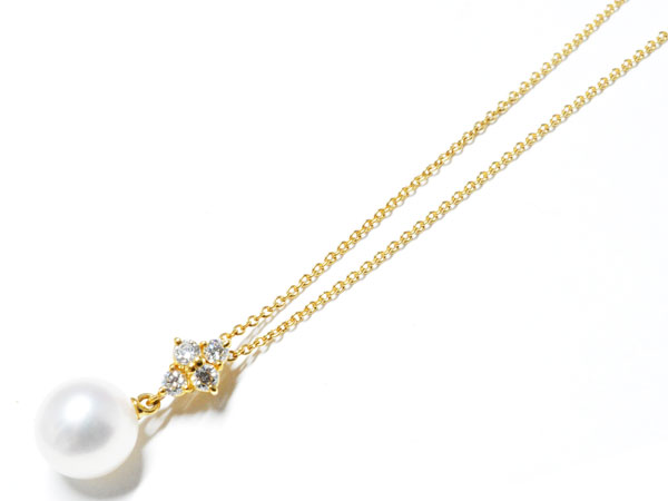 Rakuten - K18 イエローゴールド 真珠(パール)/ダイヤモンド(0.14ct) プチネックレス N724