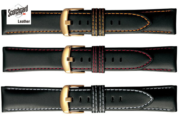 18mm 20mm 22mm 時計ベルト バンビ BCME004 カーフ ブラック 撥水 スコッチガード レッド・オレンジ・ホワイトステッチ付【送料無料】