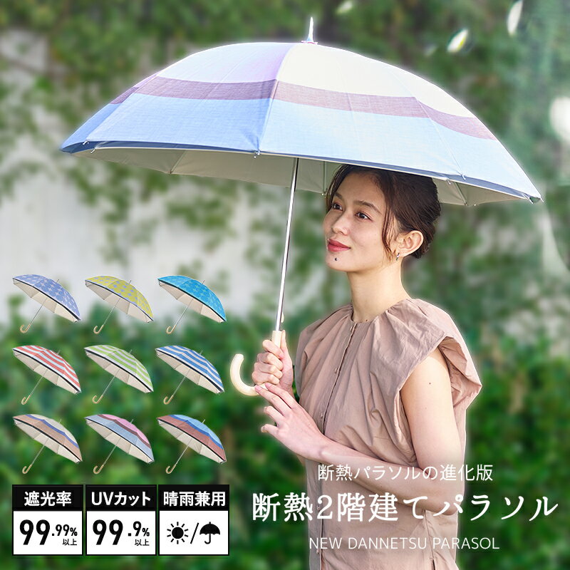 日傘 長傘 50cm 断熱パラソル 二階建て ドット ボーダー レディース 晴雨兼用 一級遮光 傘 春夏新作 ギフト 贈り物 誕生日 プレゼント 女性 日傘 紫外線カット UVカット加工 ムーンバットのサムネイル