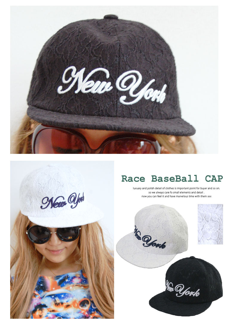 『NEWYORK』ロゴ刺繍入りツバ付き総レース素材キャップ2色/黒白/CAP/ストリート系/つば付き/ヤング帽子/ホワイトブラック/セレカジ/大人カジュアル/英字アルファベット【ネコポス不可】