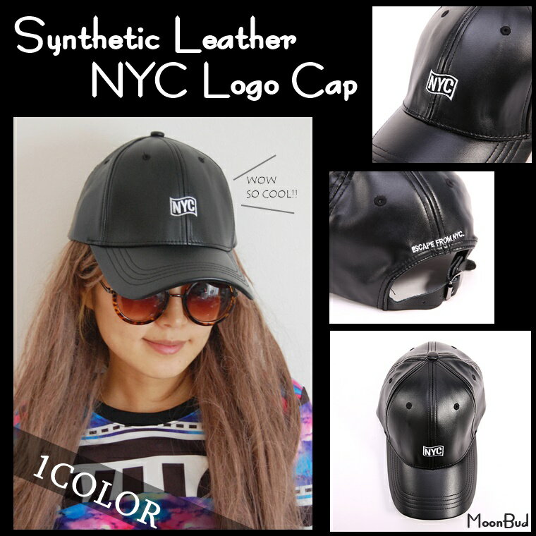 『NYC』刺繍ロゴ入りツバ付きフェイクレザースナップバックキャップ1色/男女兼用/CAP/合皮/ROCKロック/ブラック黒/つば付き/ヤング帽子/セレカジ/インスタ女子/カジュアル/シンプル/男女兼用/ユニセックス/英字