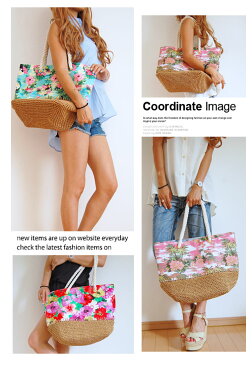 【ラスト1点item★ポイント10倍】持ち手ロープリゾート柄カゴショルダートートバッグ3色/カゴバック/BAG/カバン/肩掛け/トロピカル/ピンク/ブルー/籠/かご/大きめ/旅行/フラワー花柄/グリーン【ネコポス不可】