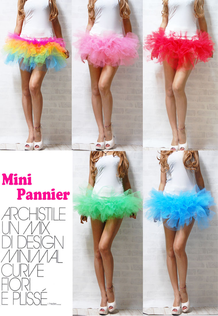 カラフルスーパーボリュームミニパニエ5色/ミニスカート/ピンク/レッド/ブルー/グリーン/ボトム/派手/個性/原宿/ダンス衣装/レインボー/チュール/チュチュ/原宿/きゃりーぱみゅぱみゅ/ももクロ/文化祭/大量注文【ネコポス不可】