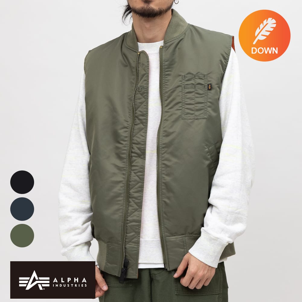 ALPHA(アルファ)MA-1 DOWN VEST(MA-1 ダウン ベスト)ダウンベスト フライトジャケット リバーシブル ミリタリージャケット 軍物 アルファインダストリーズ メンズ