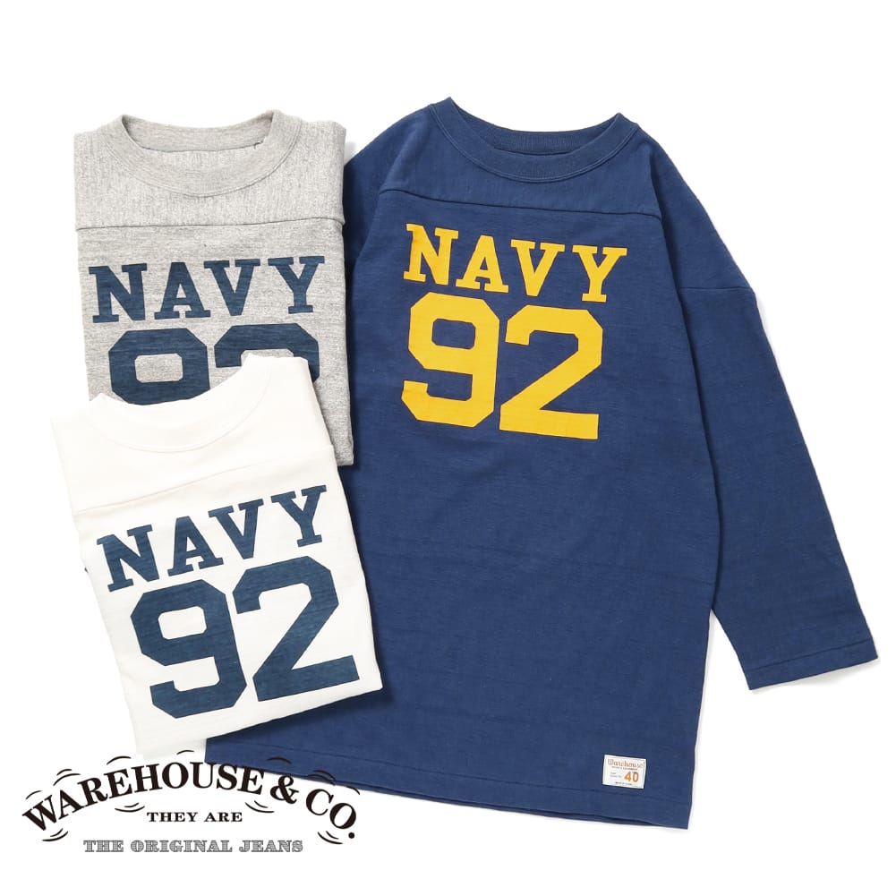 【返品交換送料無料】WAREHOUSE(ウエアハウス)Lot 4063 7分袖フットボールT “NAVY 92” / Tシャツ 7分袖 フットボールTシャツ ナ...
