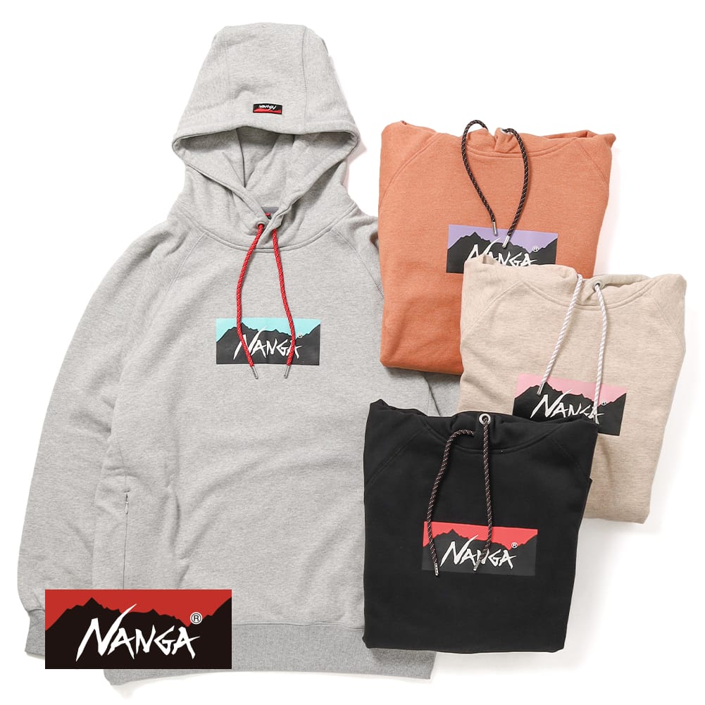 【P10倍】【返品交換送料無料】NANGA（ナンガ）ECO HYBRID BOX LOGO SWEAT HOODIE（エコハイブリッド ボックスロゴ スウェットフーディ）定番 スウェット フード付き パーカー 裏毛 ラグランスリーブ メンズ レディース ユニセックス
