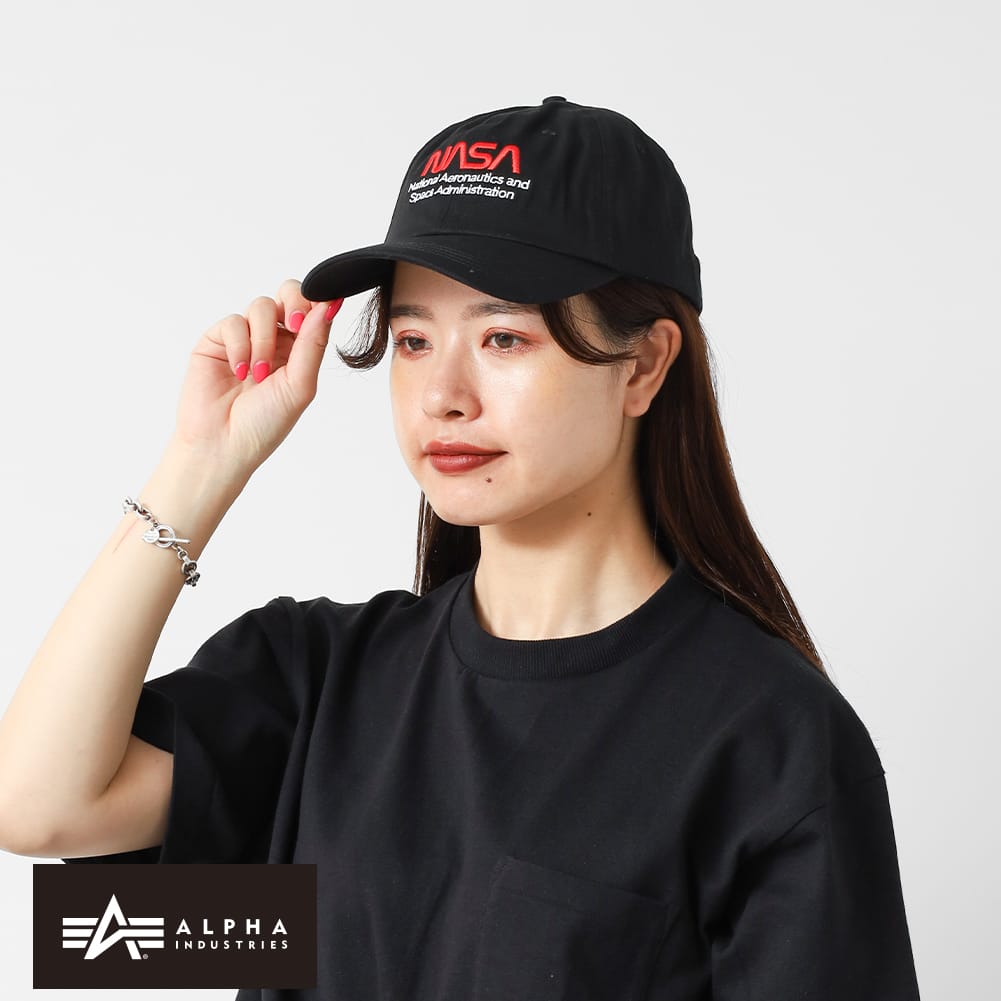 Rakuten - 【返品交換送料無料】ALPHA INDUSTRIES（アルファ インダストリーズ）NASA WORM LOGO CAP（NASA ワームロゴキャップ）キャップ 帽子 ベースボールキャップ 刺繍 ロゴ ストラップバックル フリーサイズ アメリカ航空宇宙局 アメリカ